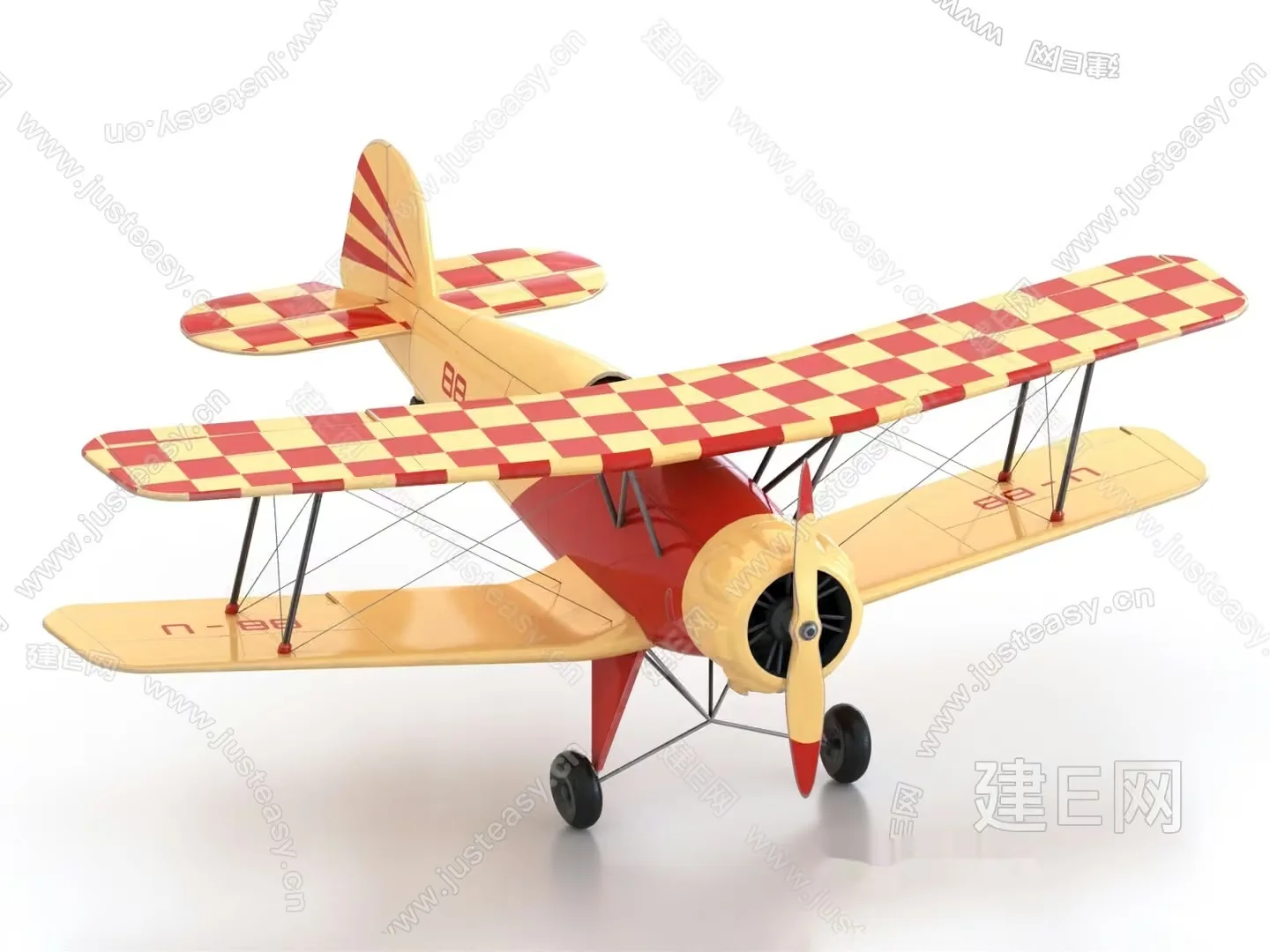A Toy Biplane With A Red And Yellow Checkered Pattern 3D Model – 8325 – VRAY Render