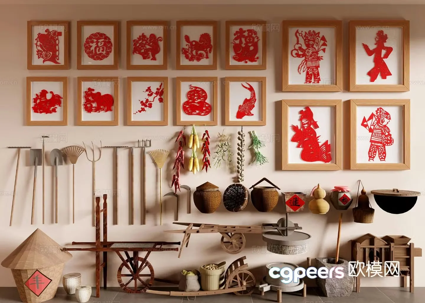 New Chinese paper-cut painting folk sketch old object 3D model