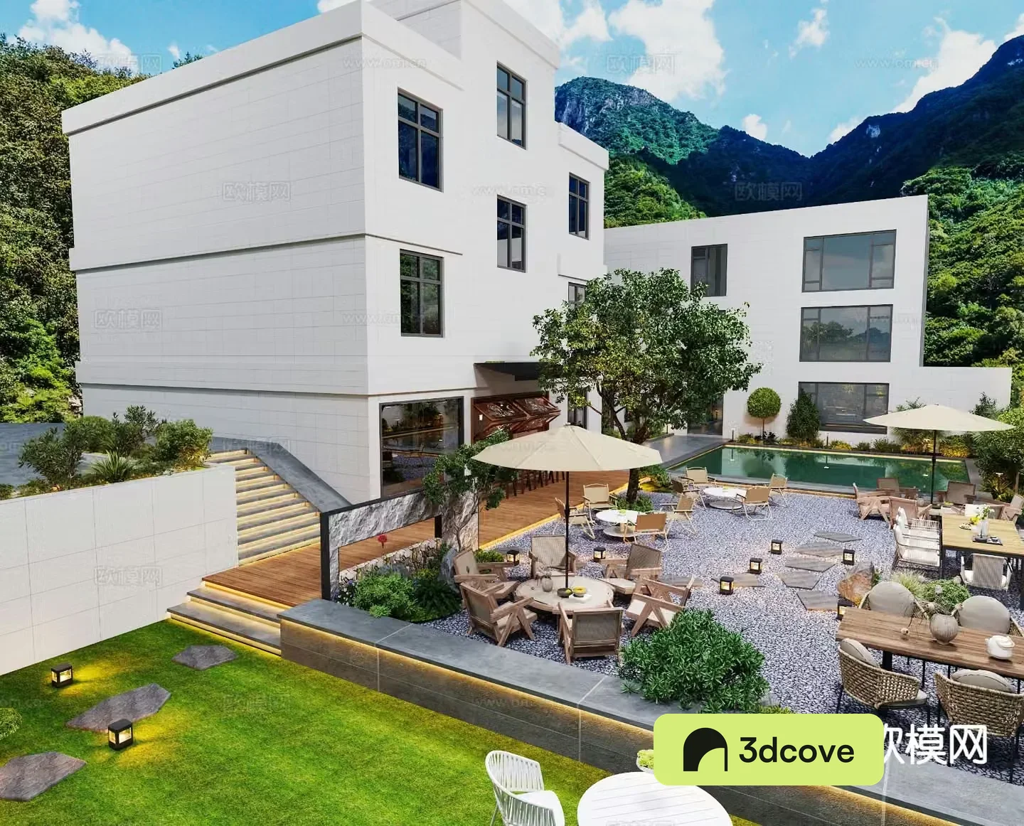 Modern outdoor cafe B&B courtyard