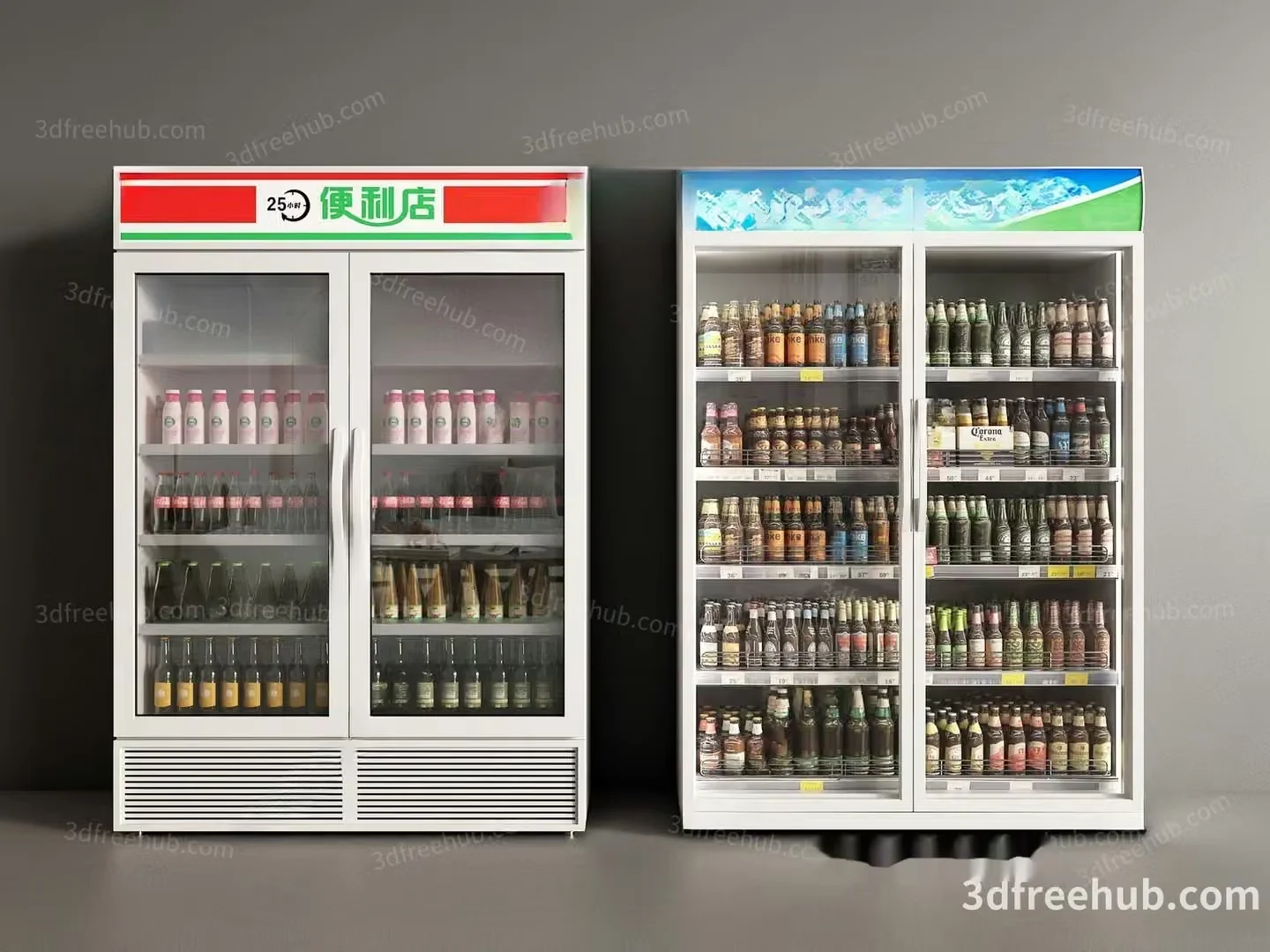 Two Refrigerators With Various Beverages Inside 3D Model – 22577 – VRAY Render