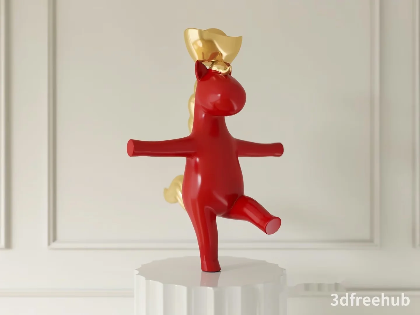 A 3D Model Of A Red Unicorn With A Gold Horn And Tail 3D Model – 19710 – VRAY Render