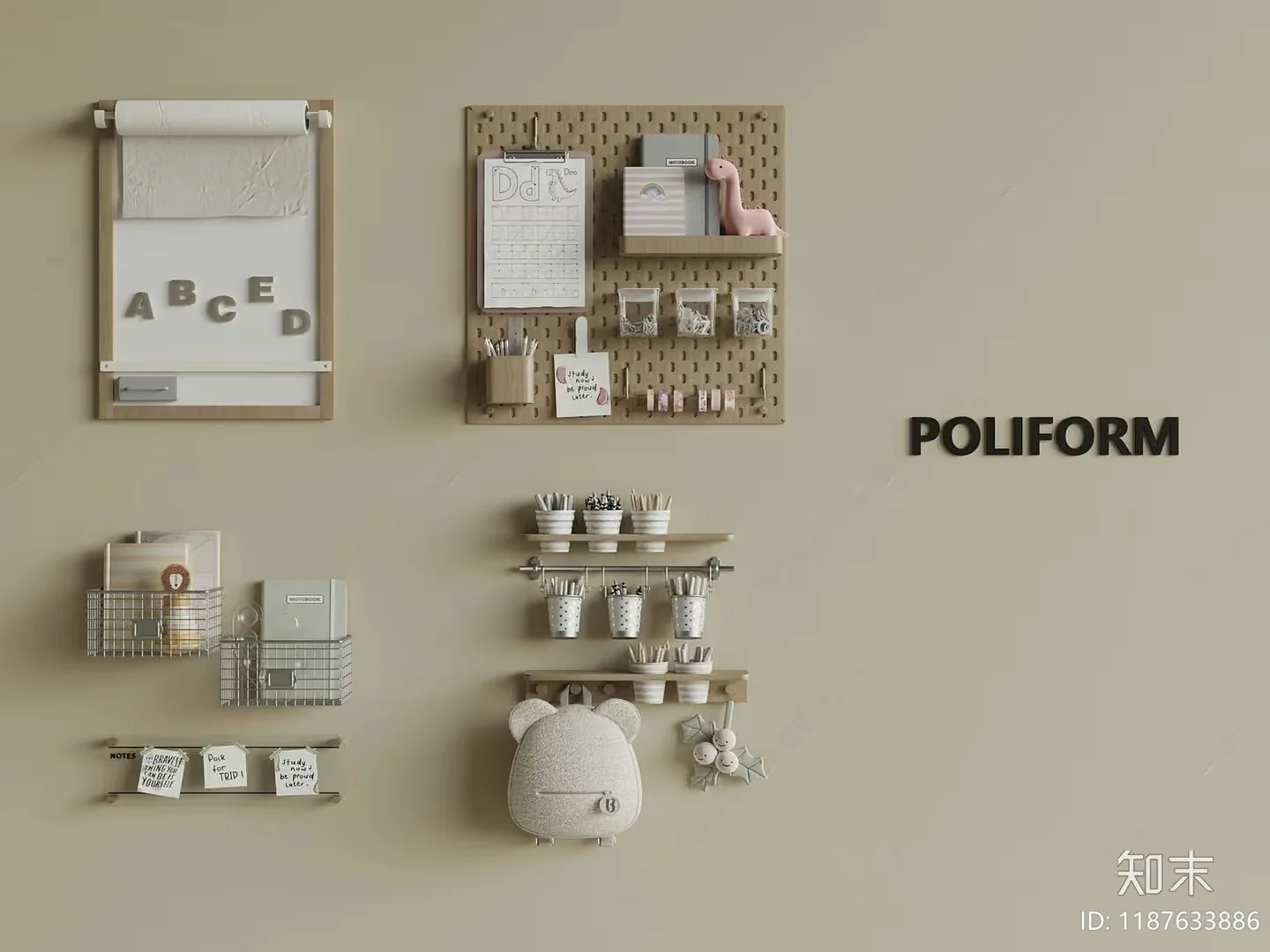 A Beige Wall With Various Items On It 3D Model – 11557 – VRAY Render