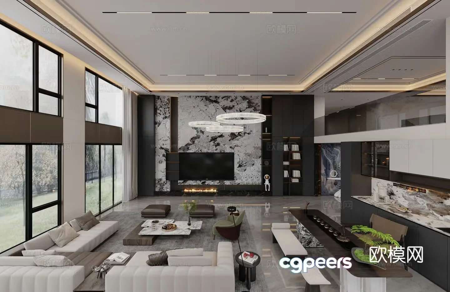 Modern living and dining room 3d model