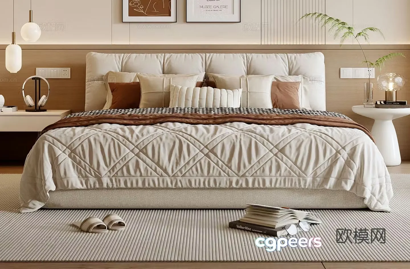 Cream style double bed 3d model
