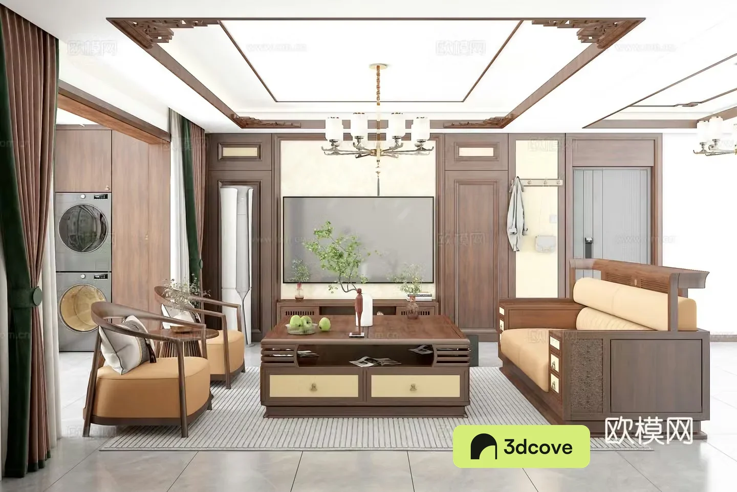 New Chinese living room TV cabinet background wall sofa coffee table combination ring chair