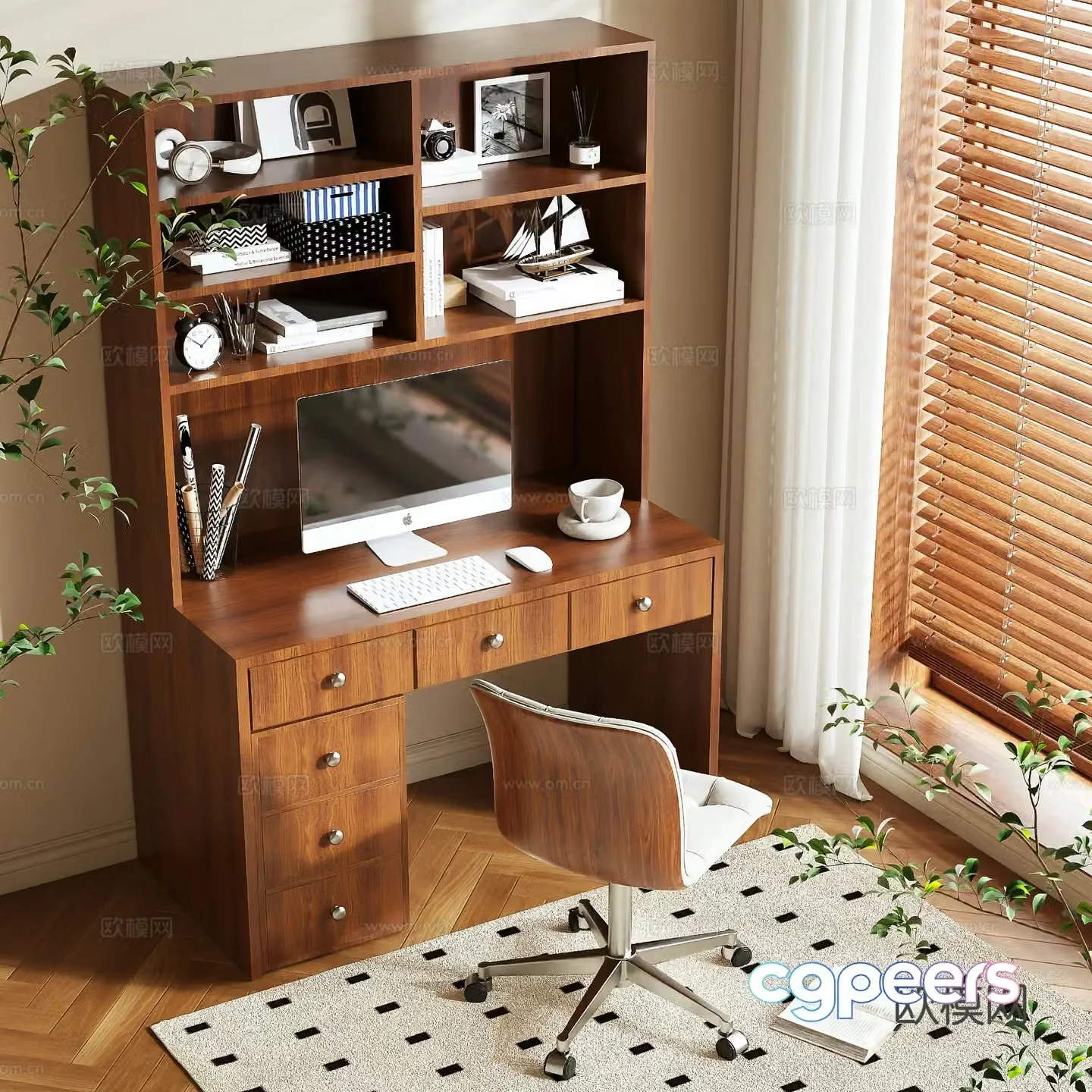 Medieval style desk writing desk bookcase 3d model