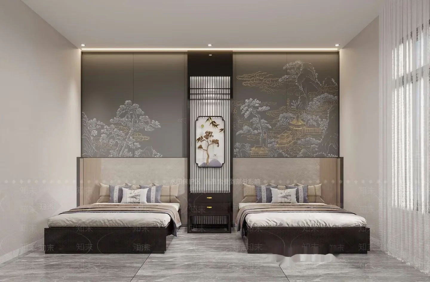 A Modern Bedroom With Two Beds 3D Model – 15456 – VRAY Render