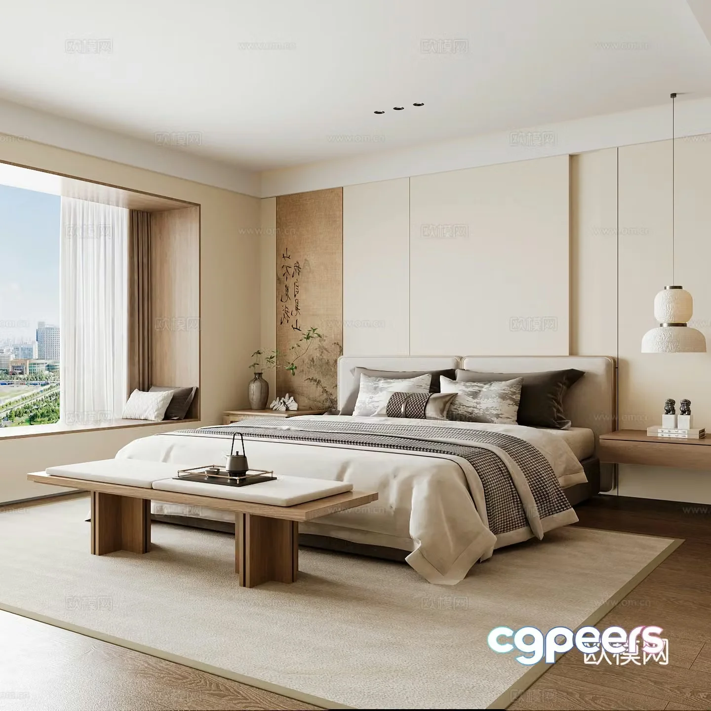 New Chinese style home bedroom Song family aesthetic bedroom Song style bedroom New Chinese style double bed New Chinese 3D model