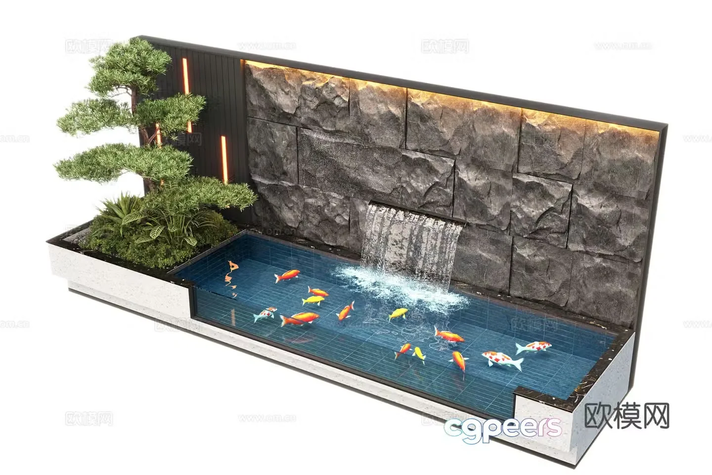 Modern courtyard waterscape waterscape wall stacked water landscape plants fish pond 3d model