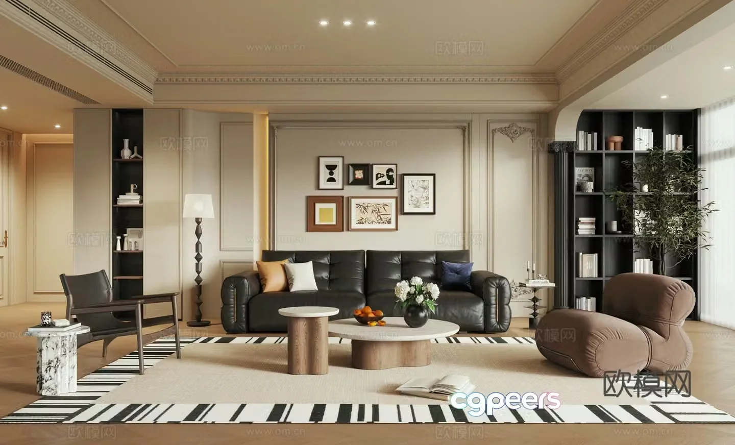 French home living room horizontal hall large flat living room black and white gray living room without owner lights 3D model