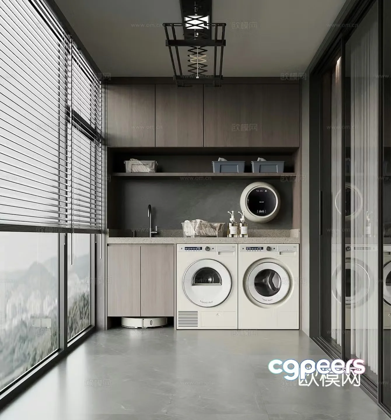 Modern balcony washing machine cabinet clothes drying rack sweeping robot 3D model