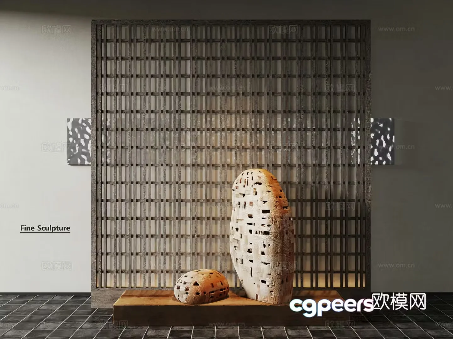 Modern sculpture Art installation Wooden grille screen partition Translucent rice paper 3d model