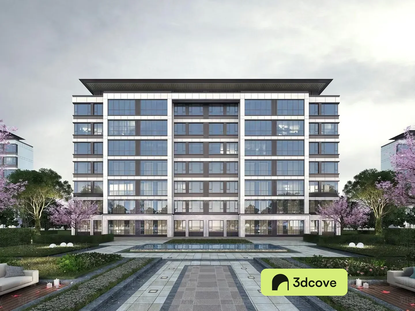 The Main Subject Is A Large Modern Building With A Courtyard