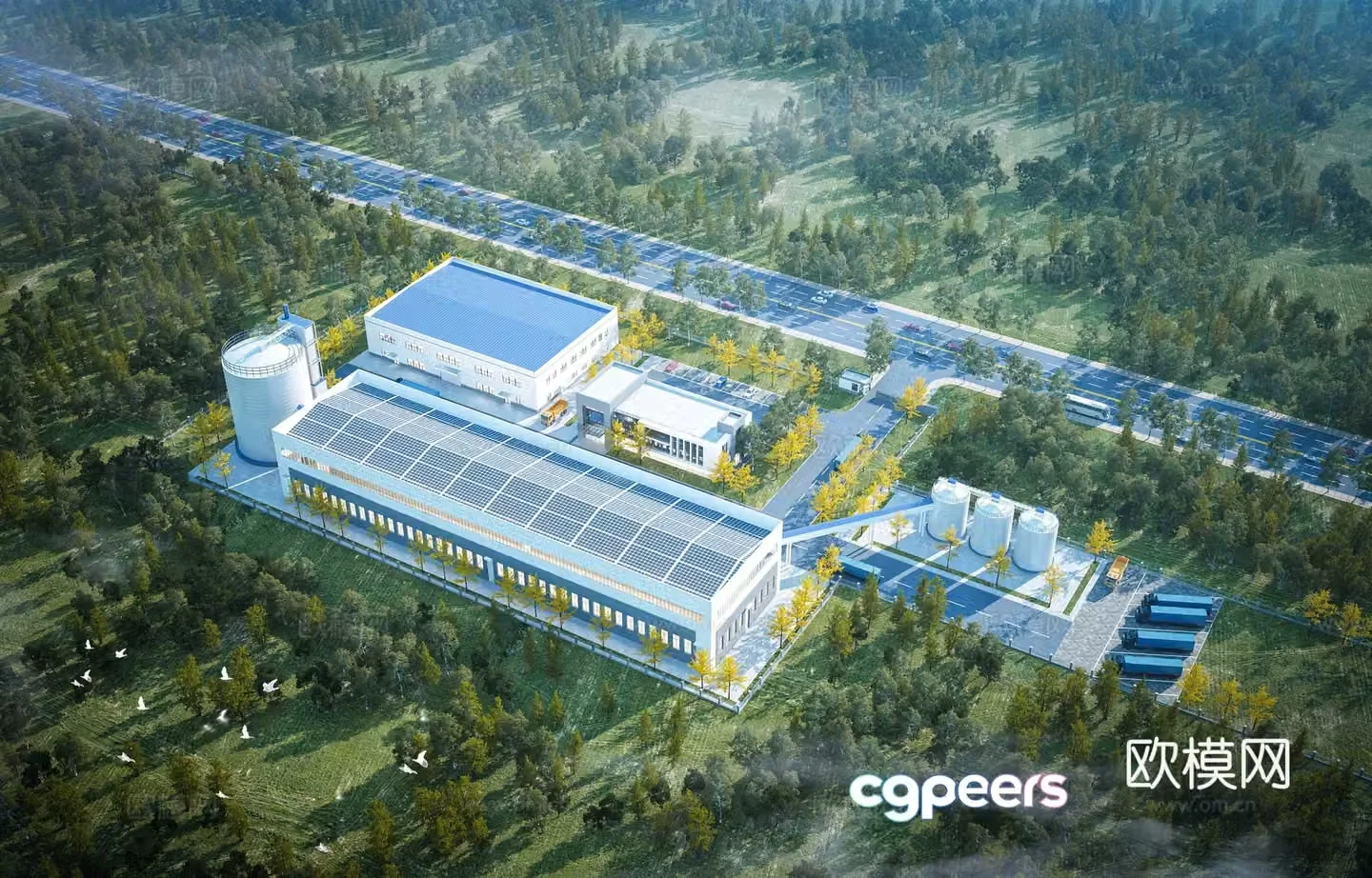 Aerial view 3d model of modern factory building