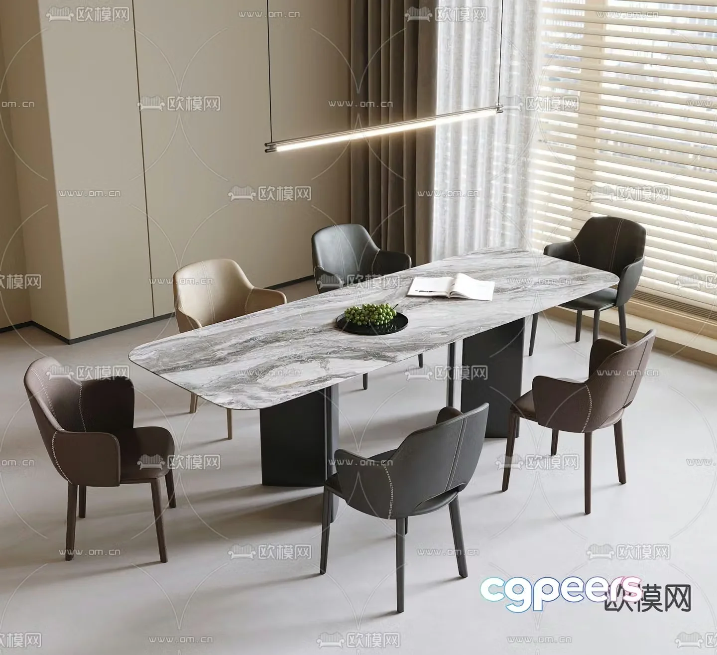 Long dining table and chairs 3d model