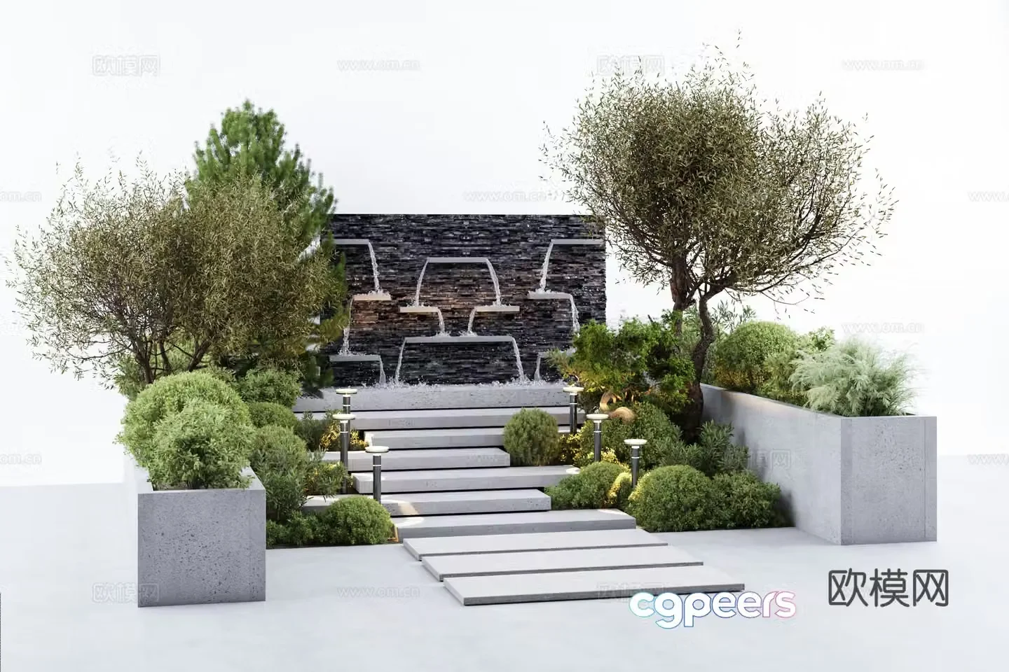 Landscape tree plants flowers plants and trees fountain flowing water 3d model