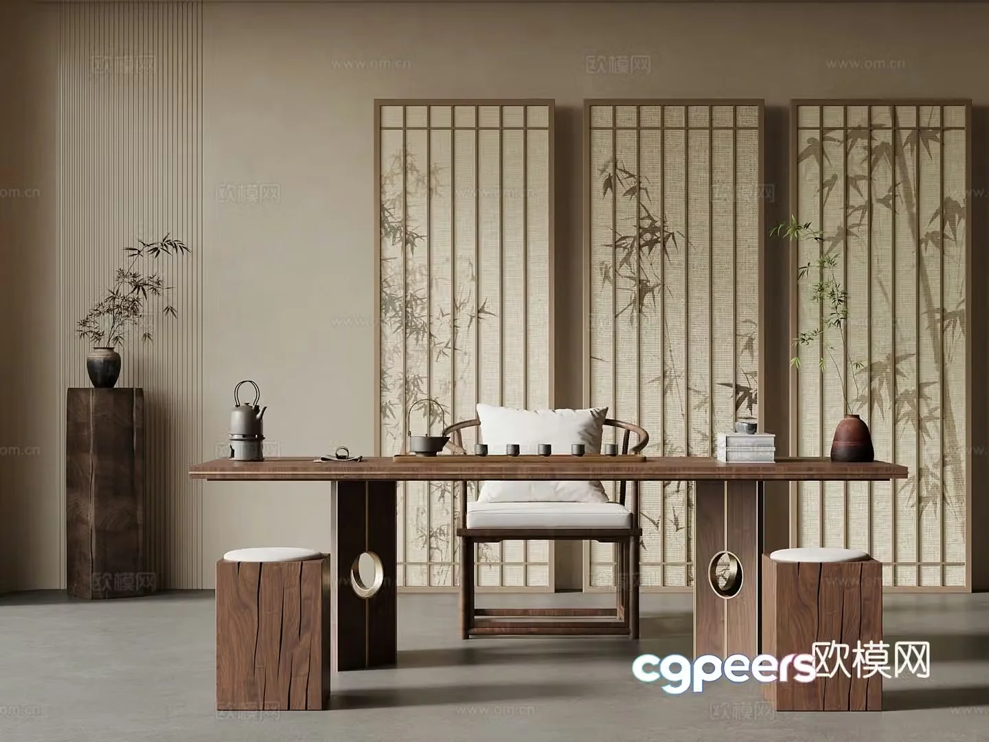 02 New Chinese Tea Room Tea Table and Chair Screen Partition 3D Model