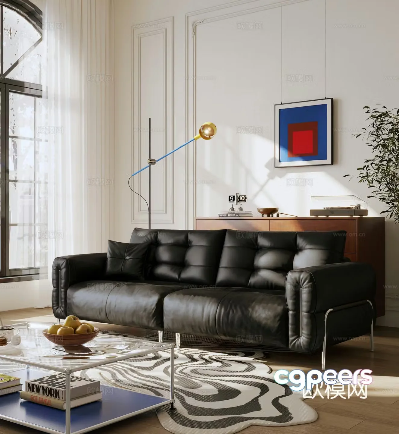 Modern multi-person sofa Bahaus sofa leather sofa straight-row sofa 3D model
