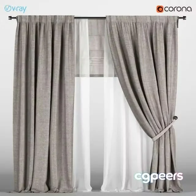 3ds Max Free – Light brown curtains with pickup + white tulle + Roman curtain