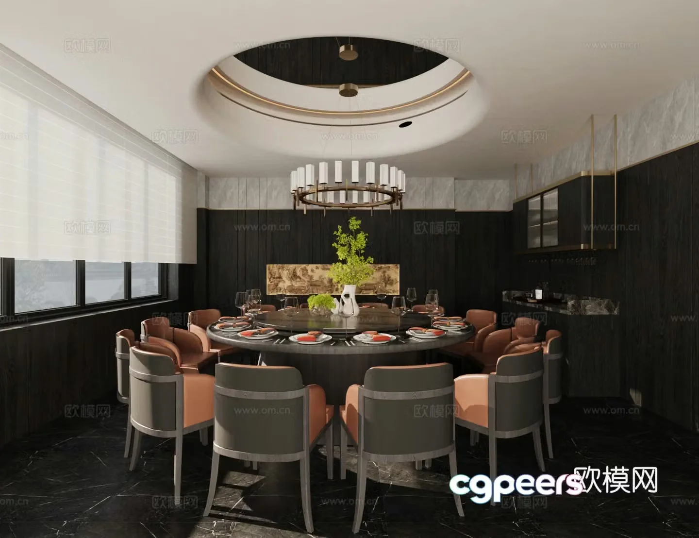 New Chinese-style private room New Chinese-style restaurant private room Dining table and chair combination Chandelier 3D model