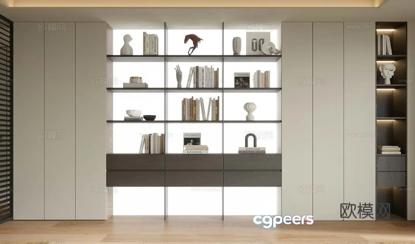 Modern wall-to-wall bookcase bookshelf 3d model