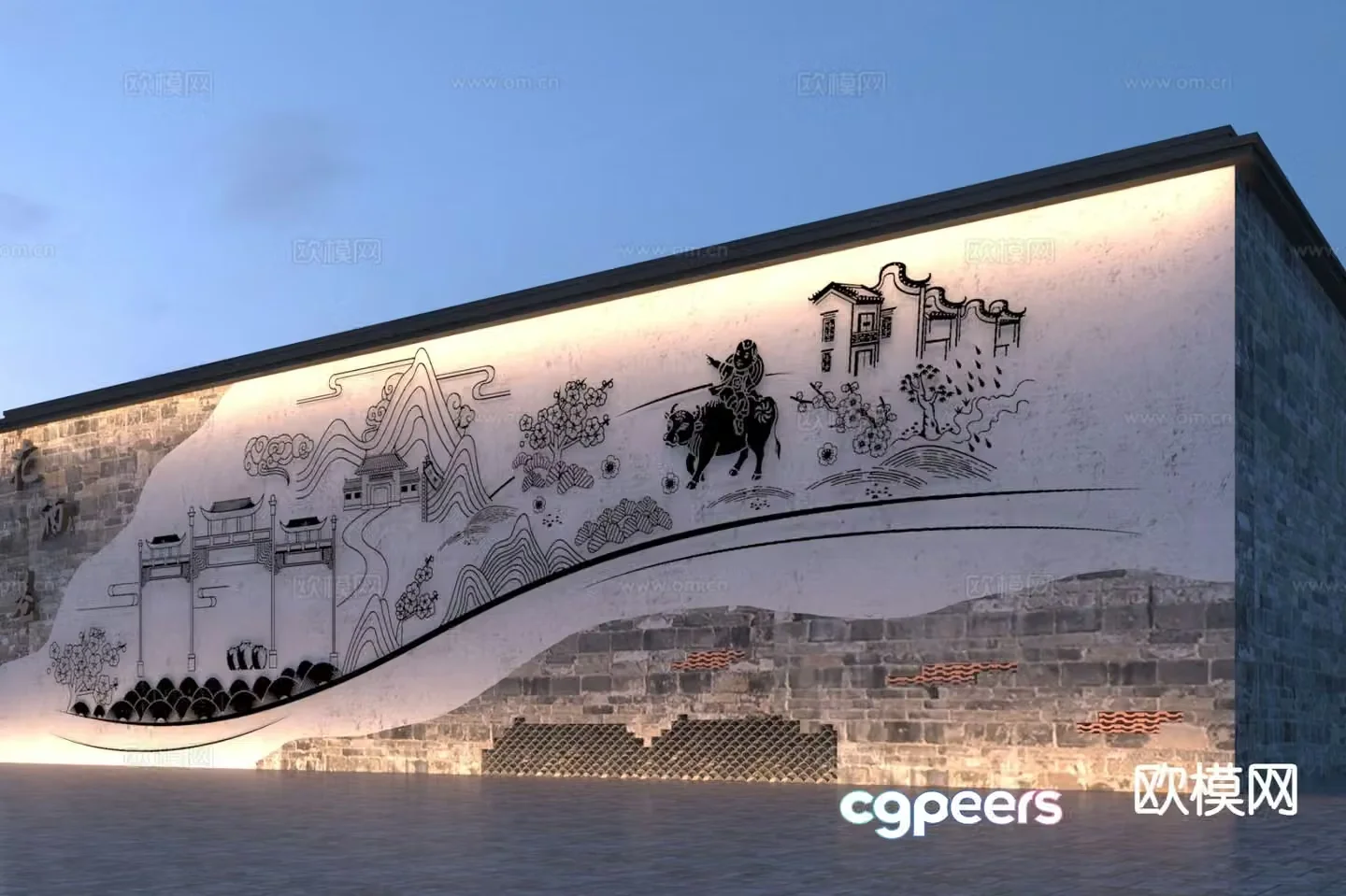 New Chinese style ancient town B&B landscape wall 3D model