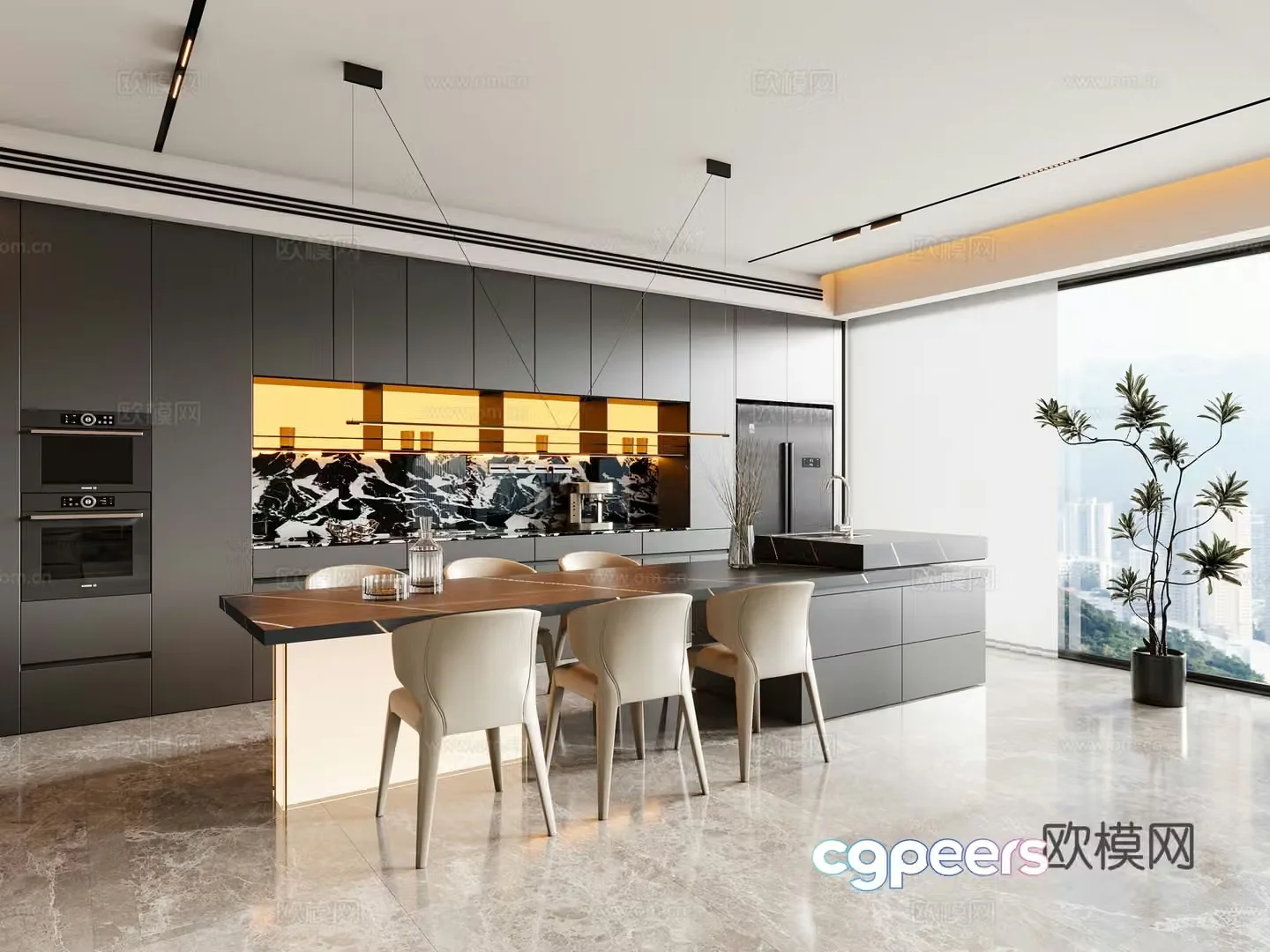 Modern Italian restaurant island dining table and chair chandeliers wine cabinet sideboard 3D model