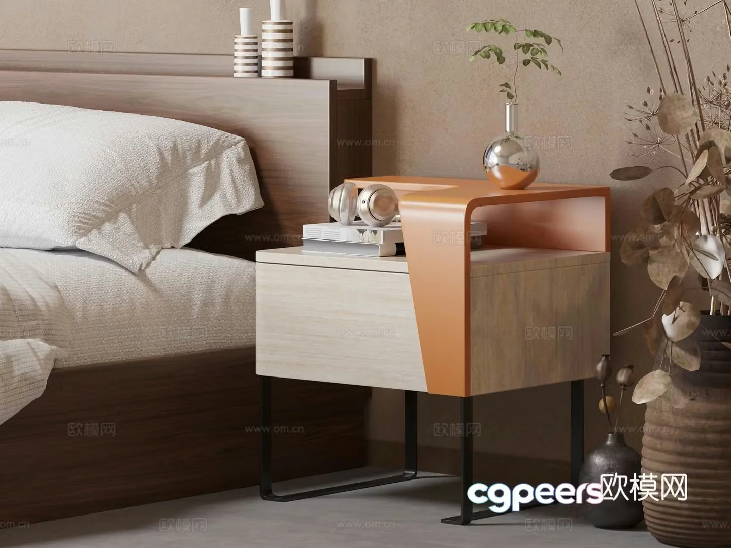 Modern wooden bedside table 3D model
