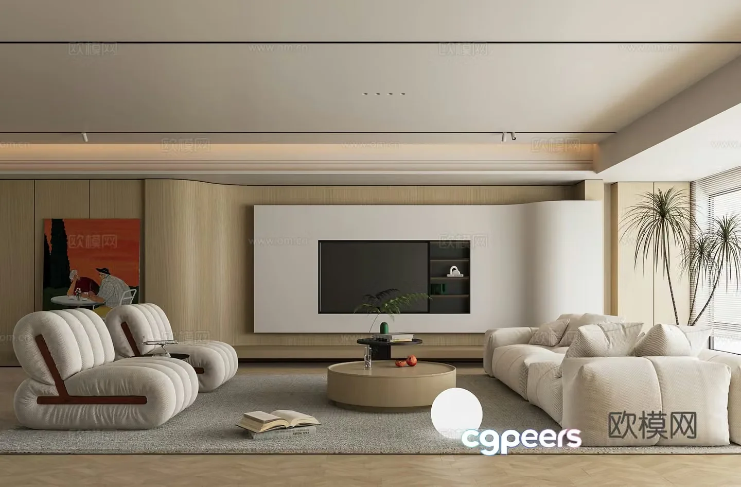 Modern Creamy Living Room 3D Model