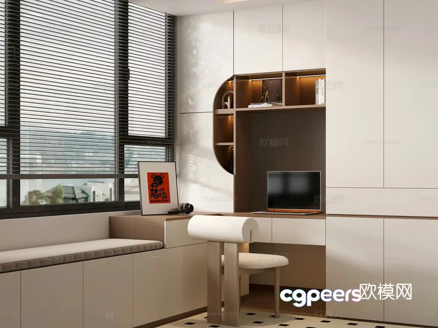 Bath window writing cabinet learning table and wardrobe integrated single chair leisure chair 3d model
