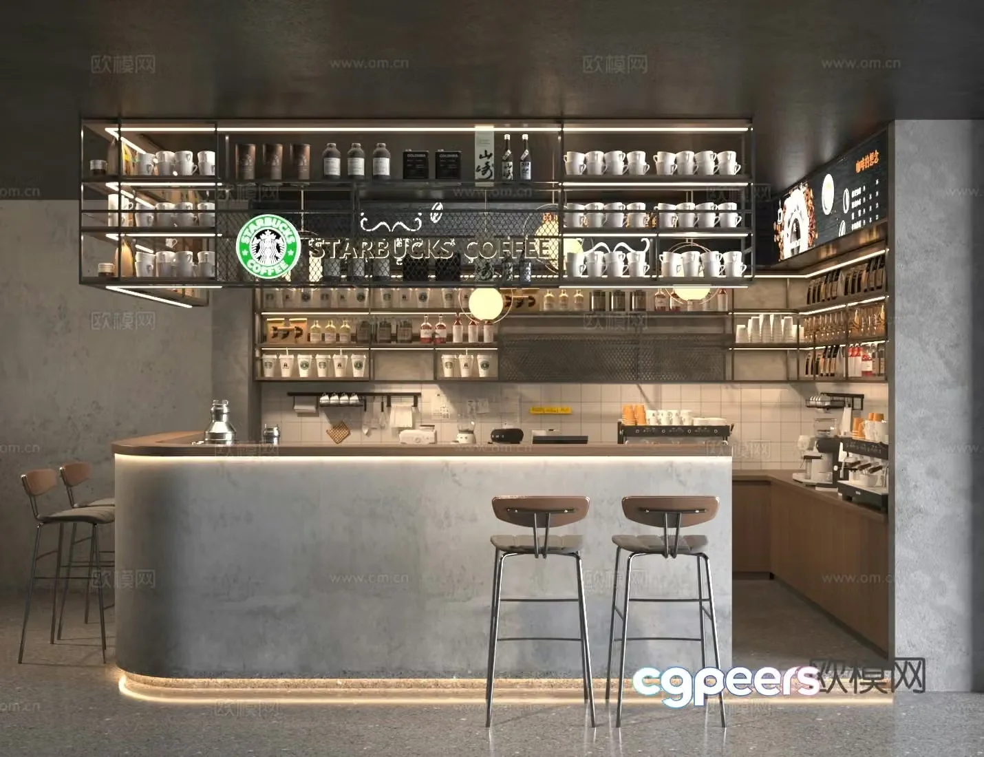Industrial style cafe water bar area 3D model