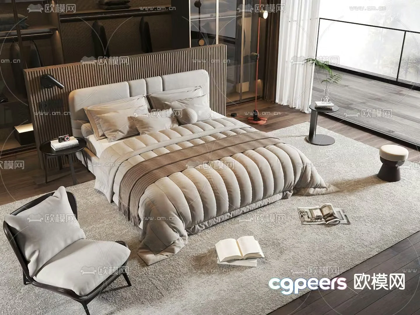 Modern double bed bedroom 3d model