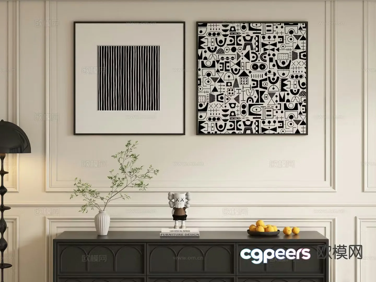 Modern minimalist painting abstract painting black and white hanging painting 3d model