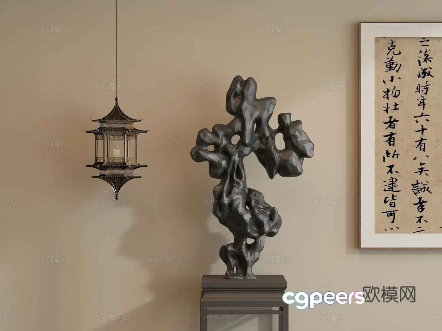 New Chinese style ancient Taihu stone chandeliers hanging painting 3D model