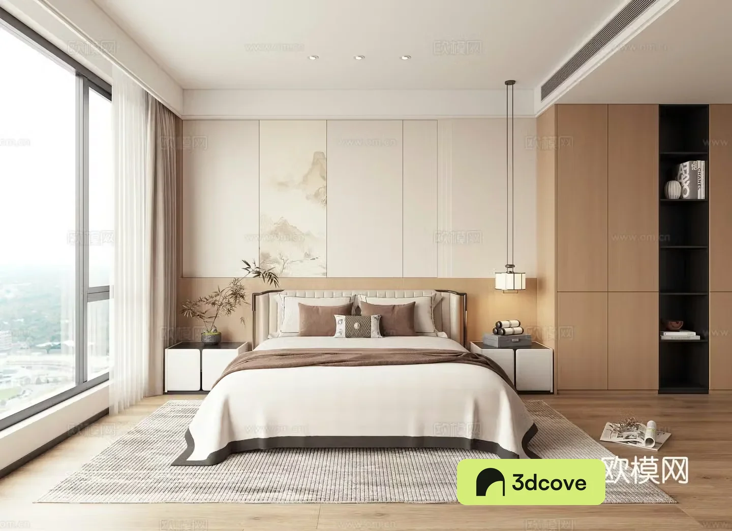 New Chinese style Zen bedroom master bedroom second bedroom double bed nightstand