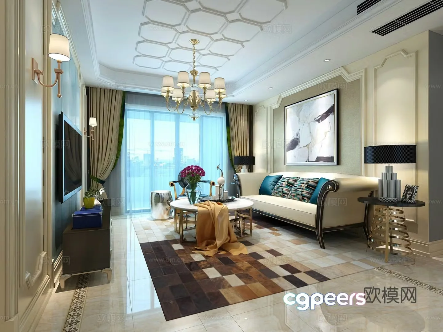 European classical living room chandeliers decorative paintings TV cabinet 3d model