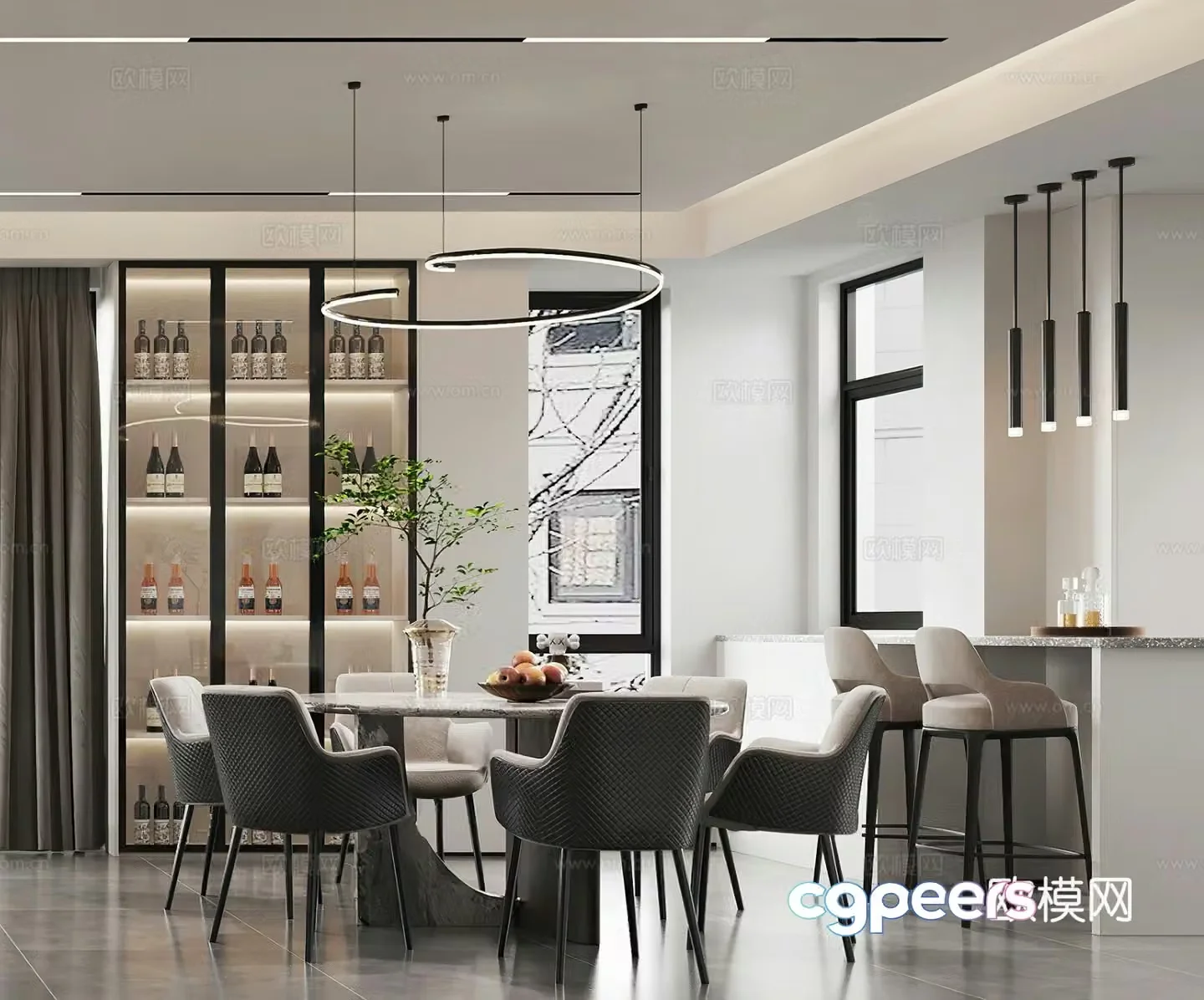 Modern restaurant Round dining table Bar Light luxury restaurant Italian restaurant Chandelier Wine cabinet 3D model