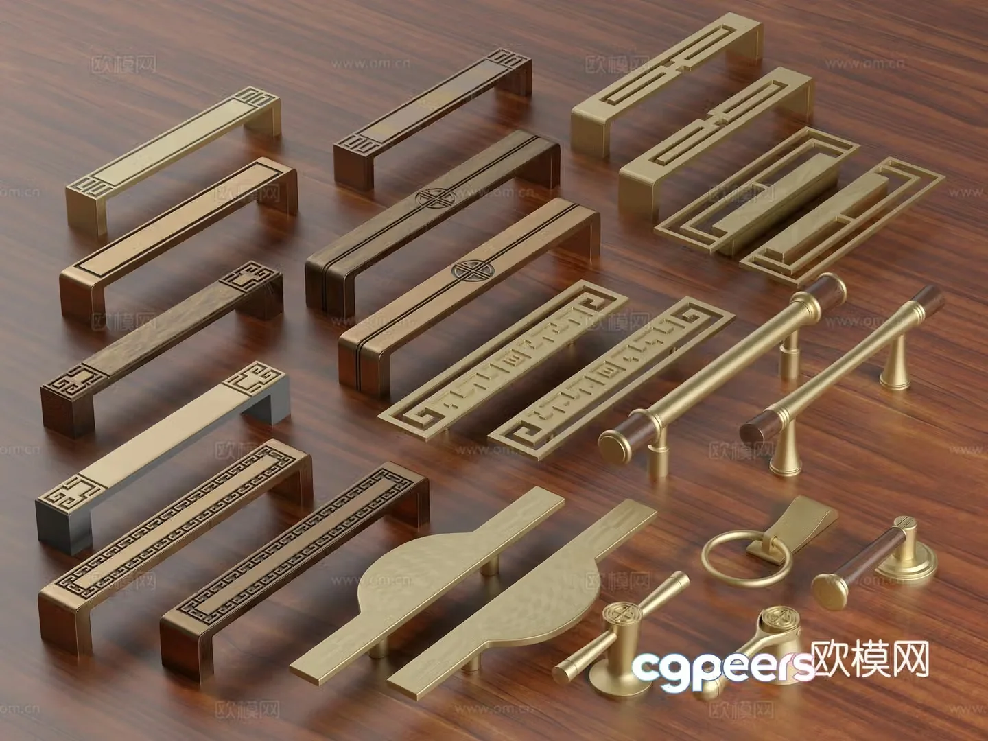 New Chinese style handle classic handle wardrobe door handle cabinet handle yellow bronze handle 3D model