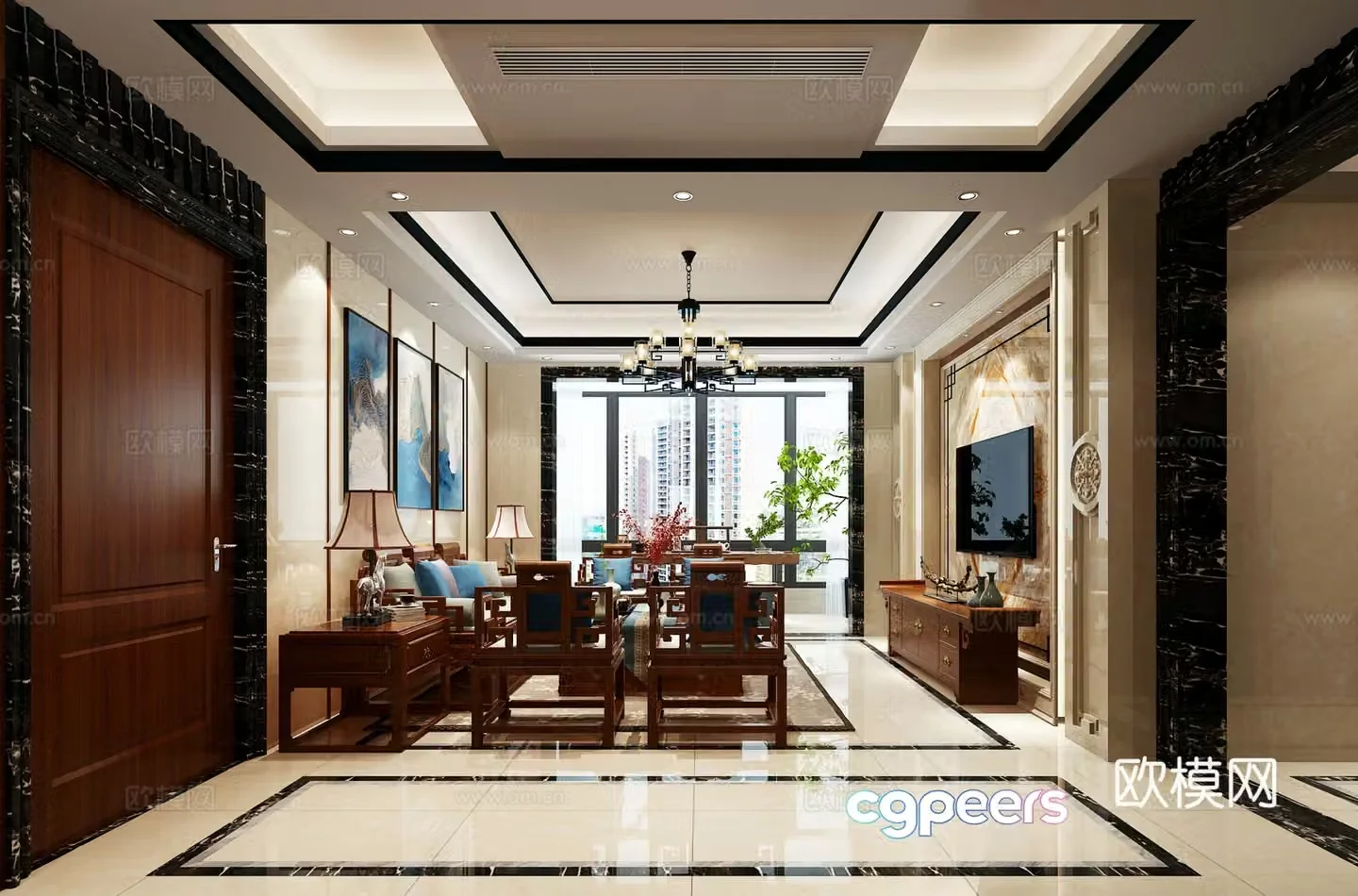 Chinese classical living restaurant mahogany furniture Chinese wine cabinet round table tea table 3D model