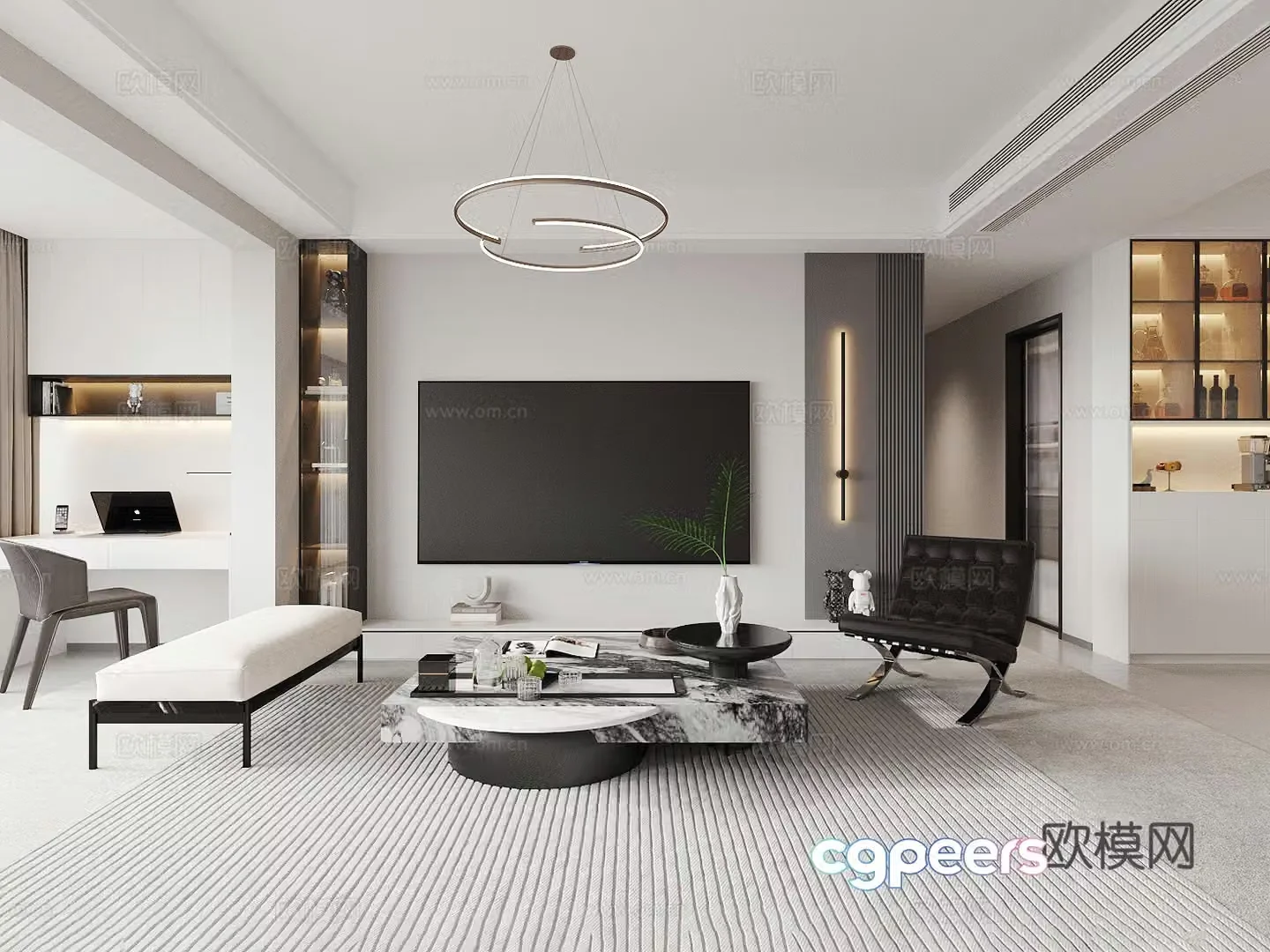 Modern home living room TV background wall Full row of TV background wall Black and white gray living room Sofa chair 3d model