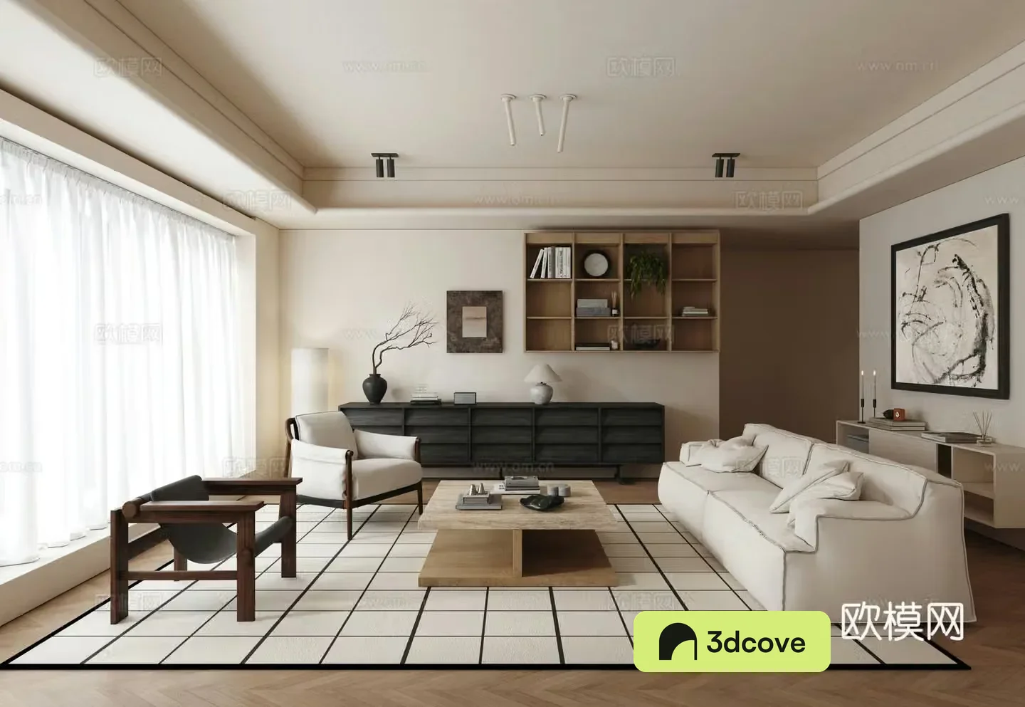 Wasabi Medium-class home living room horizontal hall black and white living room Wasabi Living room 3D model