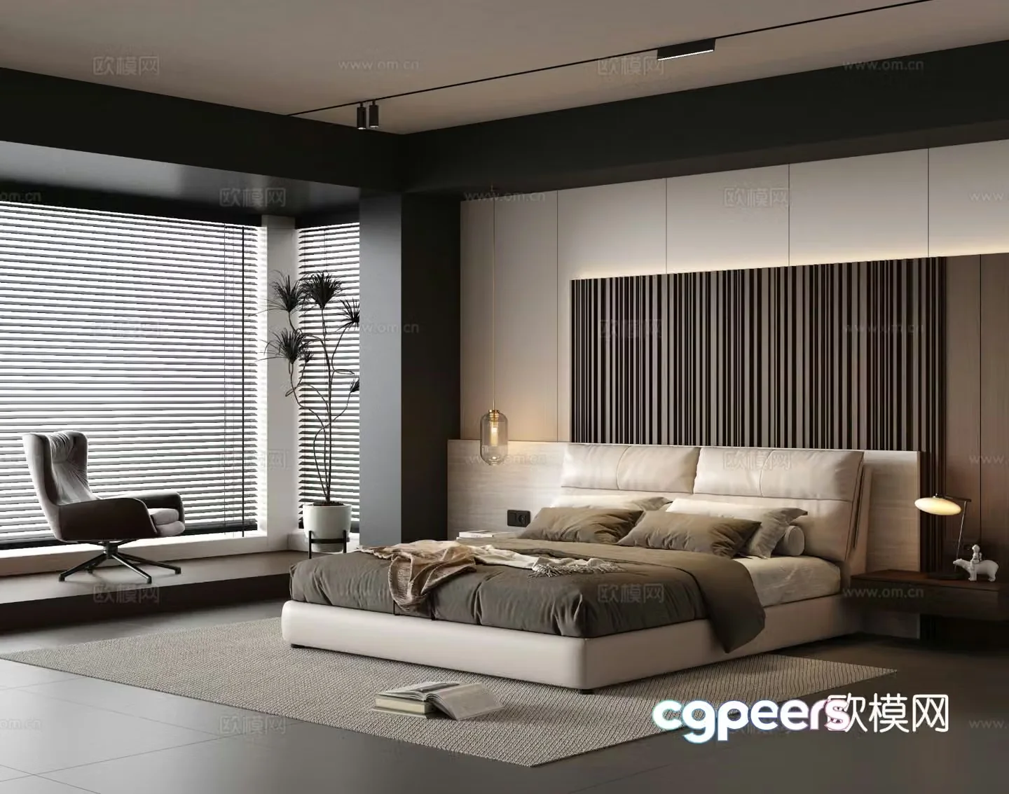Modern black and white minimalist bedroom Italian bedroom bay window bedroom 3d model