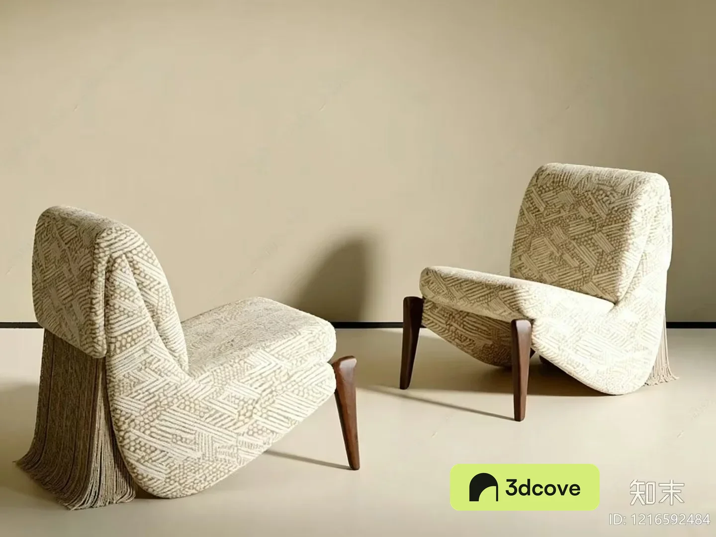 Two Chairs With Cream-Colored Upholstery And Wooden Legs