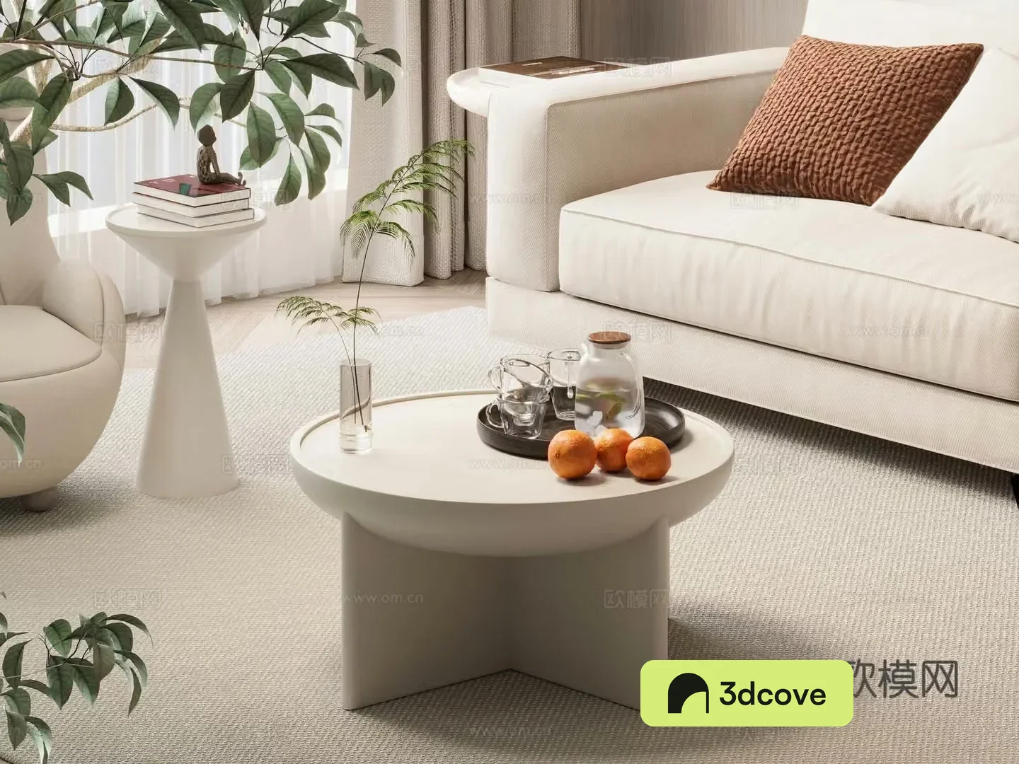 Wasabi style coffee table creamy style living room coffee table round coffee table stone side table 3D model