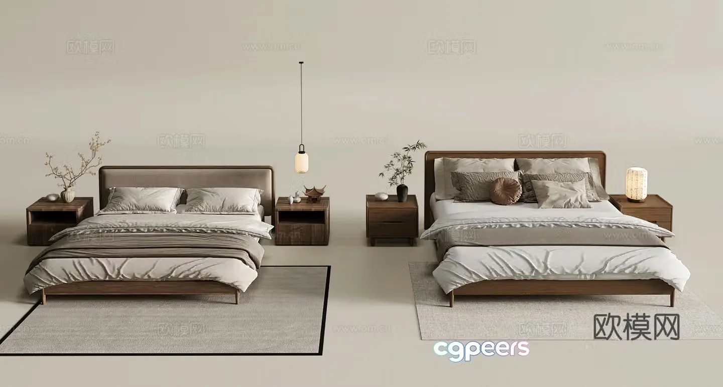 24 new Chinese style double bed bedside table 3D model