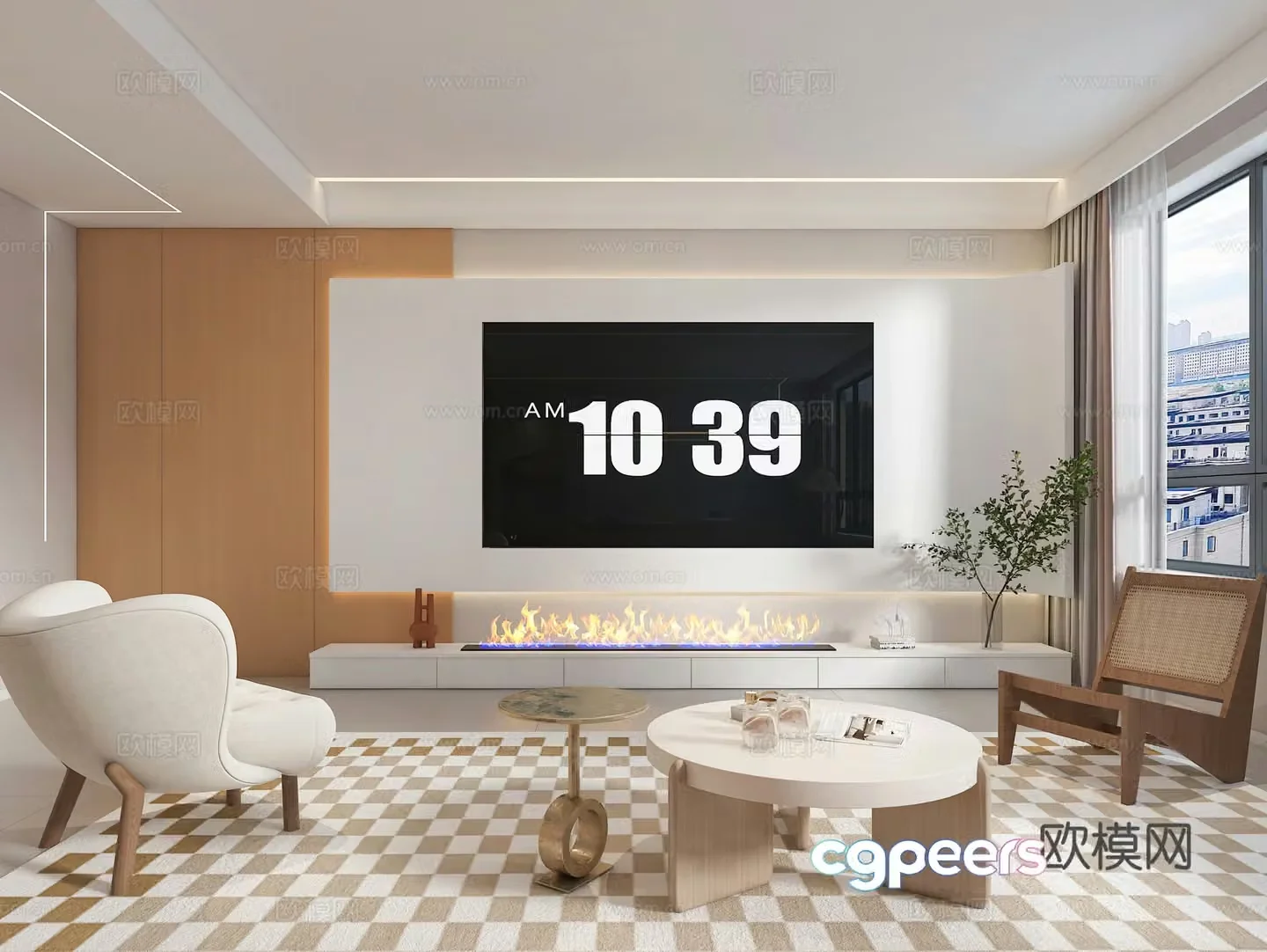Modern living room TV background wall fireplace Nordic living room modern living dining lounge chair 3d model