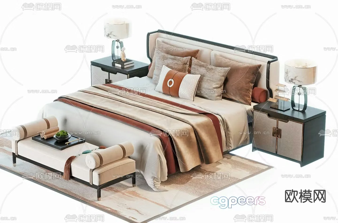 New Chinese style double bed 3d model