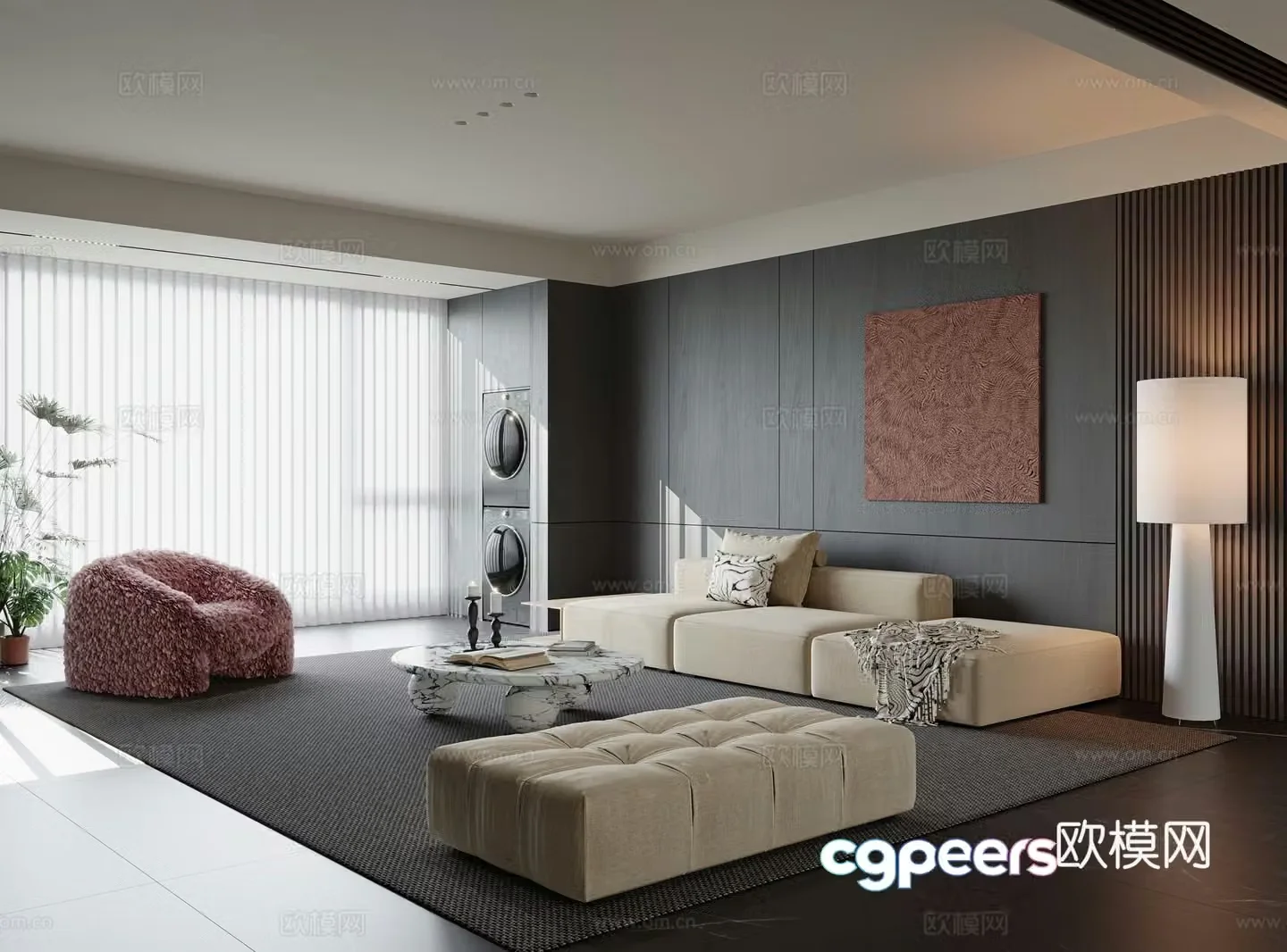 Large flat living room living room without lights sofa coffee table combination multi-person sofa leisure chair 3D model