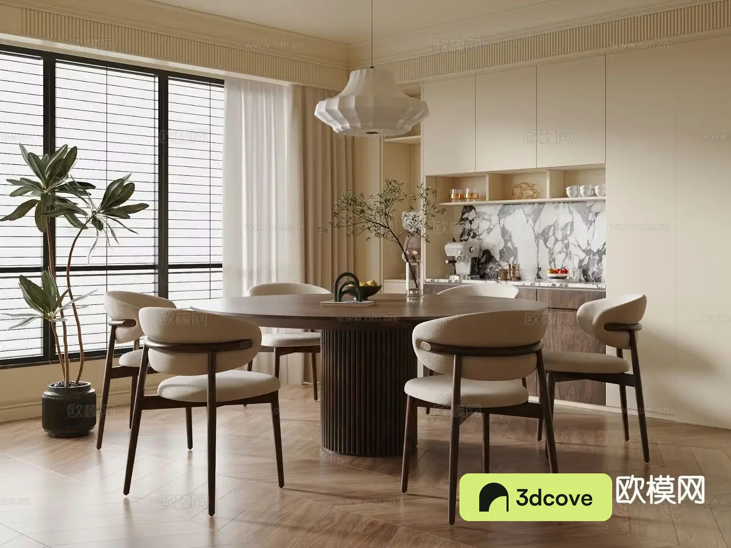 Medium style dining table and chairs round dining table 3D model