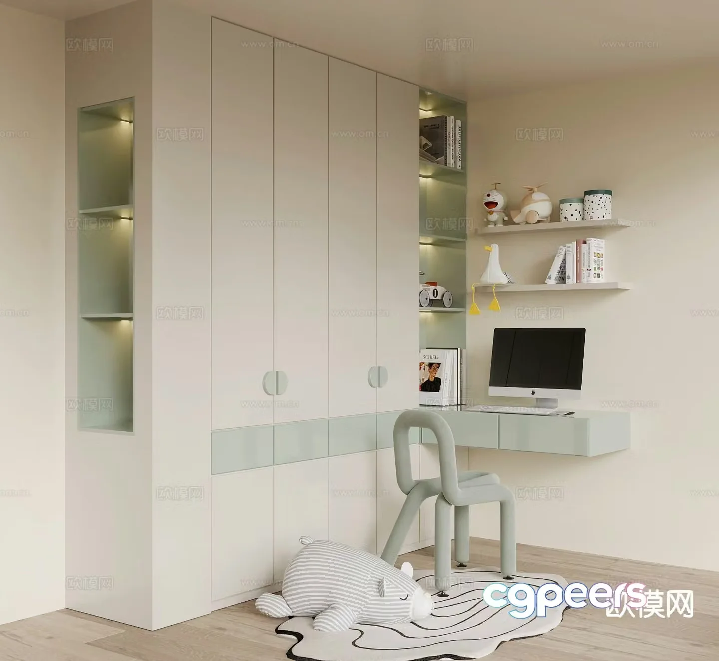 Modern children’s room wardrobe desk chair 3d model